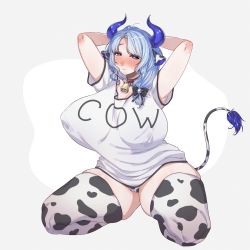Rule 34 | + +, 1girl, absurdres, animal ears, arms behind head, bell, blue eyes, blue hair, blush, breasts, breasts apart, cameltoe, closed mouth, collar, covered erect nipples, cow ears, cow tail, english text, full body, grey background, hair over shoulder, highres, horns, huge breasts, indie virtual youtuber, kneeling, looking at viewer, miilkywayz, mole, mole under eye, mole under mouth, muroku (aimichiyo0526), neck bell, panties, shirt, short sleeves, simple background, skindentation, solo, tail, thick thighs, thighhighs, thighs, underwear, virtual youtuber, white shirt