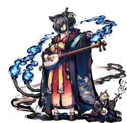 Rule 34 | 1girl, :p, animal ears, black hair, blue fire, cat, cat ears, cat girl, fire, flame-tipped tail, flower, full body, geta, hair flower, hair ornament, hair over one eye, instrument, japanese clothes, kimono, koharu (sennen sensou aigis), long hair, looking at viewer, multiple tails, official art, sennen sensou aigis, shamisen, solo, tail, tongue, tongue out, traditional youkai, transparent background, two tails, yellow eyes