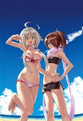 Rule 34 | 2girls, ahoge, bad feet, beach, bikini, black bikini, blue eyes, blue sky, breasts, brown eyes, brown hair, closed mouth, cloud, commentary request, day, hair between eyes, hair ornament, hair over one eye, hand on own hip, heart, heart hair ornament, kazama levy, kurata yui, large breasts, long hair, looking at viewer, low twintails, multiple girls, nao akinari, navel, ocean, open mouth, ponytail, scarf, silver hair, sky, small breasts, smile, standing, standing on one leg, swimsuit, symbol-shaped pupils, trinity seven, twintails, v, water, white bikini