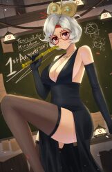 Rule 34 | 1girl, alternate costume, anniversary, black dress, black gloves, breasts, brown thighhighs, chalkboard, cleavage, commentary, copyright name, doiparuni, dress, elbow gloves, english commentary, eyeshadow, glasses, gloves, grey hair, hair ornament, hair stick, highres, holding, indoors, jewelry, large breasts, link, looking at viewer, makeup, necklace, nintendo, parted lips, princess zelda, purah, red-framed eyewear, red eyes, red eyeshadow, round eyewear, sheikah, sleeveless, sleeveless dress, solo, the legend of zelda, the legend of zelda: tears of the kingdom, thighhighs, updo