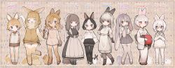 Rule 34 | 6+girls, :&lt;, :3, absurdres, animal, animal ears, apron, arm up, armband, backpack, bag, bare shoulders, black dress, black footwear, bow, breasts, brown footwear, brown hair, cabbage, closed eyes, closed mouth, collared dress, commentary request, cowlick, dress, eating, english text, expressionless, framed, glass, grey eyes, grey hair, grey shirt, grin, hair between eyes, hair bow, hair brush, hair over one eye, hand up, hands in pockets, hands up, hat, highres, holding, holding bag, holding brush, holding own ears, hood, hood down, hoodie, japanese clothes, kimono, leggings, long sleeves, looking at another, looking at viewer, medium breasts, messy hair, mixed-language text, mob cap, multicolored hair, multiple girls, okobo, open mouth, original, own hands together, personification, pleated skirt, rabbit, rabbit ears, rabbit girl, rabbit tail, randoseru, red bag, red eyes, sakutake (ue3sayu), sandals, semi-rimless eyewear, shirt, shoes, shorts, sidelocks, skirt, small breasts, smile, socks, tail, thighhighs, two-tone hair, white hair, wide sleeves