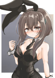 Rule 34 | 1girl, alternate costume, animal ears, black necktie, blush, breast padding, breasts, brown eyes, brown hair, commentary request, cuff links, detached collar, fake animal ears, headband, kantai collection, kasashi (kasasi008), leotard, light smile, looking at viewer, necktie, nose blush, pantyhose, playboy bunny, rabbit ears, rabbit tail, small breasts, solo, strap, taihou (kancolle), tail, upper body