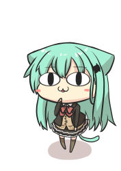 Rule 34 | absurdres, animal ears, aqua hair, blazer, blush stickers, bow, cat ears, cat girl, cat tail, chibi, commentary request, goma (gomasamune), hair between eyes, hair ornament, hairclip, highres, jacket, kantai collection, long hair, long sleeves, neco-arc, school uniform, shadoe6:3, slit pupils, solo, suzuya (kancolle), tail, thighhighs, translation request, white background