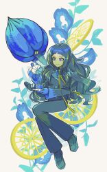 Rule 34 | 1girl, absurdres, black hair, black jacket, black pants, blue gloves, blue shirt, buttons, commentary, creatures (company), cup, fukkatsu no maya, game freak, geeta (pokemon), glimmora, gloves, highres, holding, holding saucer, holding teapot, jacket, long hair, long sleeves, looking down, multicolored hair, neck ribbon, nintendo, pants, pokemon, pokemon (creature), pokemon sv, pouring, ribbon, saucer, shirt, shoes, streaked hair, symbol-only commentary, teacup, teapot, yellow ribbon