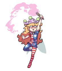 Rule 34 | 1girl, american flag legwear, american flag print, american flag shirt, arm up, blonde hair, clownpiece, commentary, english commentary, fire, full body, gummuru, hat, jester cap, long hair, looking at viewer, open hand, open mouth, outline, outstretched arm, pantyhose, pink fire, print shirt, red eyes, short sleeves, simple background, smile, solo, standing, standing on one leg, torch, touhou, very long hair, white background