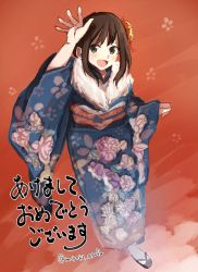 Rule 34 | 1girl, :d, alternate costume, blue kimono, brown hair, floral print, flower, fubuki (kancolle), full body, geta, green eyes, hair flower, hair ornament, happy new year, highres, japanese clothes, kantai collection, kimono, looking at viewer, miku-moko, new year, open mouth, sidelocks, smile, solo, twitter username, wide sleeves
