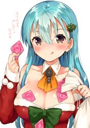 Rule 34 | 10s, 1girl, :q, aqua hair, bare shoulders, blue hair, blush, bow, bowtie, breasts, brown eyes, christmas, christmas tree hair ornament, cleavage, closed mouth, condom, condom packet strip, condom wrapper, detached collar, detached sleeves, drawstring, dress, eyelashes, fingernails, fur trim, green bow, green bowtie, hair between eyes, hair ornament, hairclip, heart, holding, ichihaya, kantai collection, large breasts, long hair, looking at viewer, pom pom (clothes), sack, santa costume, shiny skin, simple background, solo, strapless, strapless dress, suzuya (kancolle), tongue, tongue out, translated, upper body, white background