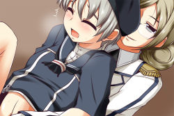 Rule 34 | 10s, 2girls, age difference, between legs, blue eyes, blush, bottomless, brown hair, closed eyes, commentary request, folded ponytail, glasses, hand between legs, hat, implied fingering, kantai collection, katori (kancolle), midriff, military, military uniform, multiple girls, nishi koutarou, onee-loli, open mouth, out-of-frame censoring, parted bangs, school uniform, serafuku, silver hair, spread legs, uniform, yuri, z1 leberecht maass (kancolle)