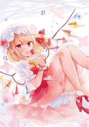 Rule 34 | 1girl, :d, blonde hair, bloomers, blush, commentary request, crystal, dress, flandre scarlet, flower, hair between eyes, hand up, hat, hat flower, high heels, highres, holding, holding flower, knees up, mob cap, moko (mokochisa), one side up, open mouth, puffy short sleeves, puffy sleeves, red dress, red eyes, red flower, red footwear, red rose, rose, see-through, shirt, shoes, short sleeves, smile, socks, solo, touhou, underwear, water drop, white bloomers, white hat, white shirt, white socks, wings, wrist cuffs, yellow neckwear