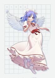 Rule 34 | blue eyes, blue hair, bow, buttons, dress, feathered wings, frilled dress, frills, guumin, hair bow, highres, mai (touhou), neck ribbon, puffy short sleeves, puffy sleeves, red ribbon, ribbon, short sleeves, socks, touhou, touhou (pc-98), white dress, white footwear, white socks, white wings, wings