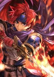 Rule 34 | 1boy, armor, blue eyes, cape, fiery background, fingerless gloves, fire, fire emblem, fire emblem: the binding blade, gloves, headband, hungry clicker, looking at viewer, male focus, nintendo, red gloves, red hair, roy (fire emblem), serious, short hair, solo, sword, traditional media, weapon