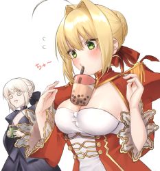 Rule 34 | 2girls, artoria pendragon (all), artoria pendragon (fate), black bow, black dress, blonde hair, bow, braid, breasts, brown hair, bubble tea, bubble tea challenge, cup, disposable cup, dress, drinking, drinking straw, epaulettes, fate/extra, fate/stay night, fate (series), flying sweatdrops, green eyes, hair between eyes, hair bow, hair bun, hair intakes, hands up, highres, juliet sleeves, large breasts, long sleeves, multiple girls, nero claudius (fate), nero claudius (fate) (all), nero claudius (fate/extra), object on breast, puffy sleeves, red bow, red dress, saber alter, sidelocks, simple background, single hair bun, translation request, white background, wide sleeves, yayoi maka