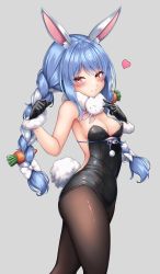 Rule 34 | 1girl, absurdres, animal ears, armpits, ass, bare back, black gloves, black leotard, black pantyhose, blue hair, braid, breasts, carrot hair ornament, cleavage, commentary request, don-chan (usada pekora), fishnet pantyhose, fishnets, food-themed hair ornament, fur scarf, gloves, hair between eyes, hair ornament, heart, highres, hololive, leotard, long hair, looking at viewer, pantyhose, playboy bunny, rabbit ears, rabbit girl, rabbit tail, red eyes, scrunchie, sidelocks, simple background, solo, tail, thick eyebrows, tousaki (tousakiworks), twin braids, twintails, usada pekora, usada pekora (1st costume), virtual youtuber, wrist scrunchie