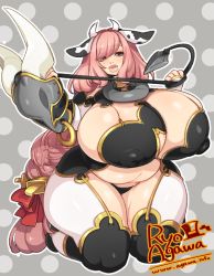 Rule 34 | 1girl, agawa ryou, animal ears, artist name, bad id, bad pixiv id, breasts, cleavage, collar, covered erect nipples, cow ears, fat, full body, gigantic breasts, horns, huge nipples, kneeling, long hair, looking at viewer, neck bell, parted lips, pink hair, plump, red eyes, simple background, solo, thick thighs, thighs, very long hair, watermark, web address, wide hips