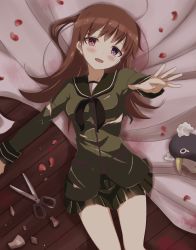 Rule 34 | 10s, 1girl, absurdres, akbskenmb48-40, blush, brown hair, failure penguin, heterochromia, highres, kantai collection, long hair, looking at viewer, ooi (kancolle), open mouth, petals, pink eyes, purple eyes, school uniform, serafuku, shards, skirt, smile, stuffing, tears, torn clothes