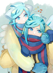 Rule 34 | 2boys, aqua eyes, aqua hair, blue mittens, blue scarf, commentary request, creatures (company), eyelashes, game freak, grusha (pokemon), hands up, highres, hug, hug from behind, jacket, long sleeves, male focus, mittens, multiple boys, musical note, nintendo, pokemon, pokemon (creature), pokemon sv, scarf, scarf over mouth, signature, striped clothes, striped scarf, sweatdrop, yellow jacket, yuu (hguy sv)