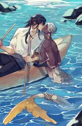 2boys afloat belt black_hair black_pants boat closed_eyes commentary crimson-chains dark_skin day english_commentary fins fish_tail gold_choker grey_belt highres holding holding_oar kiss leaning_back long_hair merman monster_boy multiple_boys oar ocean on_boat original paid_reward_available pants parted_lips partially_unbuttoned prosthesis prosthetic_arm ripples rock rowboat shirt short_hair sitting sparkle sunlight tail very_dark_skin watercraft white_hair white_shirt yaoi