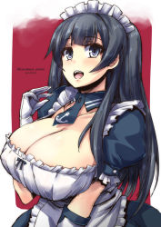 Rule 34 | 10s, 1girl, adapted costume, agano (kancolle), alternate costume, apron, black hair, blue eyes, breasts, cleavage, collarbone, dated, dress, enmaided, covered erect nipples, frills, gloves, huge breasts, kantai collection, long hair, maid, maid apron, maid headdress, necktie, open mouth, puffy sleeves, shinshin, smile, solo, twitter username, upper body