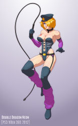 Rule 34 | 1girl, arc system works, blonde hair, breasts, dominatrix, double dragon, double dragon neon, gloves, hair over one eye, highres, image sample, jiggeh, large breasts, linda (double dragon), pixiv sample, resized, solo, whip
