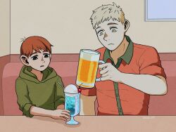 Rule 34 | 2boys, alcohol, beer, beer mug, brown eyes, chilchuck tims, commentary request, cup, drink, drinking straw, dungeon meshi, highres, holding, holding cup, hood, ichiko 07, indoors, laios touden, male focus, mug, multiple boys, open mouth, simple background, upper body