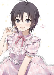 Rule 34 | 1girl, :d, antenna hair, belt, belt buckle, black eyes, black hair, blush, bow, buckle, commentary, dress, dress bow, finger to face, frilled dress, frills, hair between eyes, idolmaster, idolmaster (classic), kikuchi makoto, looking at viewer, mogskg, open mouth, pink bow, pink dress, plaid, plaid dress, pointing, pointing at self, puffy short sleeves, puffy sleeves, raised eyebrows, short hair, short sleeves, smile, solo, sparkle, star (symbol), upper body, white background