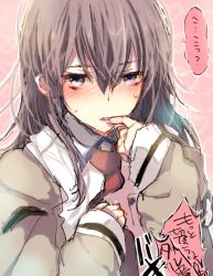 Rule 34 | 1girl, bad id, bad pixiv id, blue eyes, blush, brown hair, embarrassed, finger to mouth, hand on own chest, heart, jacket, long hair, makise kurisu, miya (tsumazukanai), necktie, open mouth, pink background, solo, steins;gate, sweat, translated
