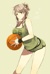 Rule 34 | 1girl, ball, basketball, basketball (object), blush, bow, breasts, brown eyes, brown hair, cleavage, english text, female focus, hair bow, hair ornament, oceanchan, original, ponytail, shorts, smile, solo, star (symbol)