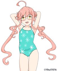 Rule 34 | 1girl, absurdres, adapted costume, ahoge, aqua-framed eyewear, aqua one-piece swimsuit, arms behind head, casual one-piece swimsuit, double bun, glasses, hair bun, highres, kantai collection, long hair, makigumo (kancolle), official alternate costume, one-piece swimsuit, open mouth, pink hair, round teeth, simple background, smile, solo, star (symbol), star print, swimsuit, teeth, thigh gap, twintails, twitter username, upper teeth only, white background, yellow eyes, yiku1707