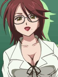 Rule 34 | 00s, 1girl, ahoge, awa, black bra, bra, bra peek, breasts, brown hair, cleavage, collarbone, collared shirt, flipped hair, front-tie top, glasses, green background, hair between eyes, happy, jaggy lines, kagome ririko, large breasts, lilico kagome, lingerie, lipstick, looking at viewer, lowres, makeup, mature female, mole, mole under mouth, oekaki, parted bangs, red hair, red lips, rosario+vampire, shirt, short hair, simple background, solo, swept bangs, underwear, upper body, yellow eyes