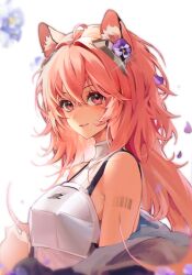Rule 34 | 1girl, ahoge, animal ear fluff, animal ears, arknights, armor, barcode, barcode tattoo, blurry, blurry foreground, blush, breastplate, breasts, charo (morphodrake), commentary, commentary request, english commentary, falling petals, flower, gravel (arknights), hair between eyes, hair flower, hair ornament, hair over eyes, highres, jacket, jacket partially removed, light smile, long hair, looking at viewer, medium breasts, messy hair, mixed-language commentary, open clothes, open jacket, petals, pink eyes, pink hair, prairie dog ears, simple background, sleeveless, tattoo, upper body