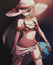 Rule 34 | 1girl, alternate costume, arm at side, armband, ball, bare arms, bare shoulders, beachball, bikini, bracelet, breasts, brown hair, choker, cleavage, closed mouth, collarbone, commentary request, cowboy shot, dark background, frilled armband, frills, gradient background, halterneck, hat, hat ribbon, holding, holding ball, jewelry, legs apart, long hair, looking at viewer, makaroll, medium breasts, midriff, navel, no pupils, o-ring, o-ring bikini, one eye covered, phantom rose, red bikini, red eyes, red ribbon, reina (phantom rose), ribbon, sarong, shade, sidelocks, smile, solo, standing, sun hat, swimsuit, thighlet, transparent, very long hair, white hat, white sarong, yellow choker