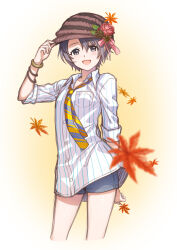 Rule 34 | 1girl, adjusting clothes, adjusting headwear, arm up, autumn leaves, blue shorts, blurry, blurry foreground, blush, bow, breasts, brown hat, collarbone, dot nose, flower, gradient background, grey eyes, grey hair, hair bow, hair ribbon, hat, hat flower, hat leaf, highres, holding, holding leaf, idolmaster, idolmaster cinderella girls, idolmaster cinderella girls starlight stage, leaf, looking at viewer, mikapoe, multiple bracelets, necktie, open mouth, otokura yuuki, pinecone, pink flower, pink ribbon, ribbon, shirt, short hair, short sleeves, shorts, small breasts, smile, solo, striped clothes, striped headwear, striped necktie, striped shirt, two-tone necktie, vertical-striped clothes, vertical-striped shirt, white shirt, yellow background