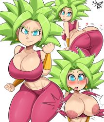 Rule 34 | 1girl, ass, blue eyes, blush, bmayyne, breasts, butt crack, cleavage, clothes, dragon ball, dragon ball super, ear piercing, earrings, embarrassed, green hair, heart, highres, huge ass, jewelry, kefla (dragon ball), looking at viewer, medium hair, muscular, muscular female, nipples, piercing, potara earrings, presenting, saiyan, simple background, smile, solo, surprised, tongue, tongue out, torn clothes, white background