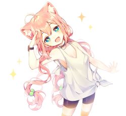 Rule 34 | + +, 1girl, ahoge, animal ears, arm up, bad id, bad twitter id, bike shorts, blue eyes, blush, breasts, cat ears, choker, ha youn, hair bobbles, hair ornament, highres, hinata channel, kneehighs, long hair, looking at viewer, nekomiya hinata, open mouth, orange socks, pink hair, simple background, small breasts, smile, socks, solo, sparkle, striped clothes, striped socks, twintails, very long hair, virtual youtuber, white background