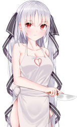 Rule 34 | 1girl, :t, absurdres, alternate costume, apron, artia, bare shoulders, blush, breasts, cleavage, cleavage cutout, clothing cutout, collarbone, heart cutout, highres, holding, holding knife, hololive, hololive china, knife, large breasts, long hair, looking at viewer, medium breasts, mero (ly21207), naked apron, parted bangs, pout, red eyes, ringed eyes, silver hair, simple background, solo, standing, very long hair, virtual youtuber, white background