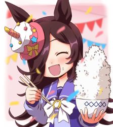 Rule 34 | 1girl, :d, ^ ^, animal ears, birthday, blurry, blurry background, blush, bow, bowl, bowtie, brown hair, cake hat, chopsticks, closed eyes, confetti, closed eyes, facing viewer, food, food on face, hair over one eye, highres, holding, holding bowl, holding chopsticks, horse ears, inoue kouji, long hair, long sleeves, open mouth, purple shirt, rice, rice bowl, rice on face, rice shower (umamusume), sailor collar, school uniform, shirt, smile, solo, string of flags, tracen school uniform, umamusume, white bow, white bowtie