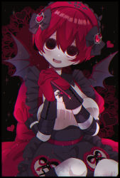 Rule 34 | 1girl, absurdres, apron, bat wings, black apron, black eyes, blush, bow, boxcutter, bruise, demon wings, detached collar, dress, empty eyes, frills, gloves, hair bow, hair ornament, headband, heart, heart hair ornament, highres, injury, knees up, lace, long sleeves, looking at viewer, open mouth, original, own hands clasped, own hands together, patch, puffy short sleeves, puffy sleeves, red dress, red hair, sadf8353, short hair, short sleeves, smile, solo, sparkle, striped sleeves, wings