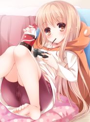 Rule 34 | 10s, 1girl, animal costume, ass, barefoot, bike shorts, blonde hair, blush, bottle, brown eyes, cameltoe, controller, doma umaru, dualshock, feet, food, game controller, gamepad, hamster costume, himouto! umaru-chan, hood, long hair, looking at viewer, mouth hold, playing games, playstation controller, pocky, rinka (yuyutei), sitting, soda bottle, soles, solo, toes, very long hair