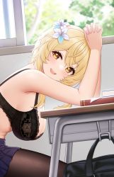 Rule 34 | 1girl, absurdres, alternate costume, bag, black bra, blonde hair, blue skirt, book, bow, bowtie, bra, breasts, brown pantyhose, cleavage, desk, fingernails, flower, fukuro daizi, genshin impact, hair flower, hair ornament, hanging breasts, highres, lace, lace-trimmed bra, lace trim, large breasts, leaning forward, looking at viewer, lumine (genshin impact), medium hair, nail polish, open mouth, pantyhose, pink nails, red bow, red bowtie, school uniform, short sleeves, sideboob, signature, sitting, skirt, smile, solo, table, teeth, topless male, underwear, upper teeth only, window, yellow eyes