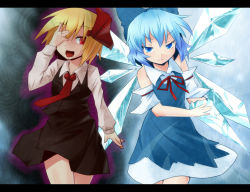 Rule 34 | 2girls, aura, ayagi daifuku, blonde hair, blue eyes, blue hair, bow, cirno, detached sleeves, dress, embodiment of scarlet devil, fang, hair bow, hair ribbon, hand over eye, ice, ice wings, letterboxed, long sleeves, multiple girls, neck ribbon, necktie, open mouth, red eyes, red necktie, ribbon, rumia, short hair, side-by-side, skirt, touhou, wings