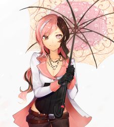 Rule 34 | 1girl, bad id, bad twitter id, bead necklace, beads, belt, black gloves, breasts, brown eyes, brown hair, check commentary, cleavage, commentary request, gloves, heterochromia, jewelry, multicolored hair, necklace, neo politan, parasol, pink eyes, pink hair, rwby, solo, split-color hair, umbrella, white hair