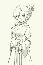 Rule 34 | 10s, 1girl, :d, contrapposto, folded ponytail, girls und panzer, grey background, hair ornament, hairclip, hakama, hakama skirt, highres, japanese clothes, long sleeves, looking at viewer, nishi kinuyo, open mouth, pas (paxiti), simple background, skirt, smile, solo, standing