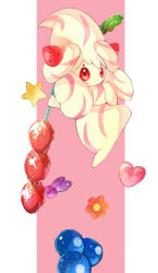 Rule 34 | 1girl, alcremie, alcremie (strawberry sweet), alcremie (vanilla cream), big hair, blueberry, bug, butterfly, closed mouth, clover, colored skin, creatures (company), expressionless, female focus, flower, food, four-leaf clover, fruit, full body, game freak, gen 8 pokemon, hands up, heart, heart in eye, highres, holding, holding food, horezai, insect, long hair, looking at viewer, multicolored hair, multicolored skin, nintendo, orange flower, pink background, pink hair, pink skin, pokemon, pokemon (creature), red eyes, simple background, solo, star (symbol), strawberry, streaked hair, symbol in eye, two-tone hair, two-tone skin, white hair, white skin
