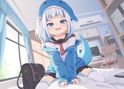 Rule 34 | 1girl, bag, blue eyes, blue hair, blush, cellphone, fins, fish tail, gawr gura, girl on top, hat, highres, hololive, hololive english, jacket, looking at viewer, medium hair, multicolored hair, nail polish, open mouth, phone, pleated skirt, school uniform, serafuku, shark girl, shark hat, shark tail, sharp teeth, side ponytail, sitting, sitting on person, skirt, smartphone, smile, smug, straddling, streaked hair, tail, teeth, tenroy, thighhighs, thighs, virtual youtuber, white hair