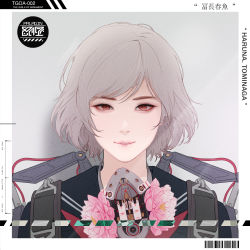 Rule 34 | 1girl, absurdres, barcode, character name, english text, flower, grey background, grey hair, highres, looking at viewer, park junkyu, parted lips, pink flower, pink lips, portrait, red eyes, respirator, sailor collar, short hair, solo, the girls of armament