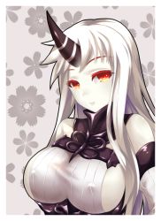 Rule 34 | 10s, 1girl, abyssal ship, dress, fi-san, horns, kantai collection, long hair, red eyes, ribbed dress, seaport princess, single horn, solo, white hair