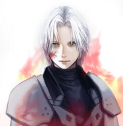 Rule 34 | 1boy, aged down, armor, black coat, black sweater, blood, blood on face, closed mouth, coat, commentary request, final fantasy, final fantasy vii, final fantasy vii ever crisis, fire, green eyes, grey hair, highres, looking at viewer, male focus, parted bangs, sephiroth, short hair, shoulder armor, solo, sweater, tori (labyrinth fft), turtleneck, turtleneck sweater, upper body, white background