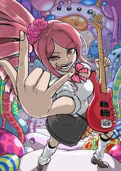 Rule 34 | 1girl, bow, bowtie, breasts, cleavage, clothes around waist, collared shirt, dark skin, drill hair, flower, guitar, holding, holding instrument, instrument, kunimaki, loafers, long hair, looking at viewer, loose socks, magicami, monster, mushroom, pink hair, pleated skirt, red eyes, rose, school uniform, shirt, shoes, sidelocks, skirt, sleeves rolled up, smile, socks, tentacles, tongue, tongue out, white shirt, yarimizu lilly, yellow skirt