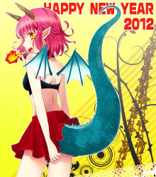Rule 34 | 10s, 1girl, 2012, breath weapon, breathing fire, dragon girl, dragon horns, dragon tail, dragon wings, english text, fire, from behind, happy new year, horns, making-of available, mina m, mochizuki mina, monster girl, new year, open mouth, original, pink hair, pointy ears, short hair, skirt, solo, tail, wings, yellow background, yellow eyes