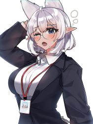 Rule 34 | 1girl, ahoge, animal ears, arm behind head, auraaa, blue eyes, blush, breasts, dress shirt, glasses, highres, lanyard, large breasts, lorel (auraaa), office lady, one eye closed, open mouth, original, owl girl, pointy ears, resolution mismatch, shirt, solo, source larger, upper body, white hair, white shirt, yawning